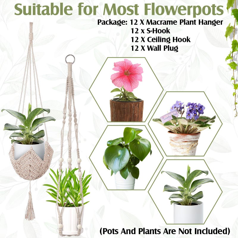 Hoteam 12 Pcs Macrame Plant Hangers Macrame Hanging Planters for Indoor Plants Handmade Boho Hanging Plant Holder for Outdoor Home Decor Wall Flower Pots Basket(White) - Image 5